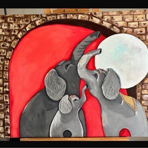 Elephant Family Canvas with Red Arch